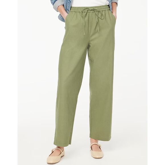 J.Crew Linen-Blend Slim Wide-Leg Drawstring Pants Womens Size 00 Green Mid Rise - Picture 1 of 8